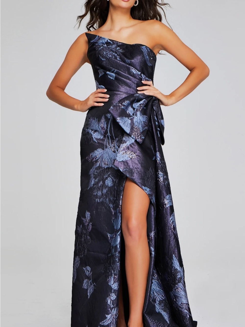 Jovani Strapless Navy and Blue Floral Jacquard Evening Gown